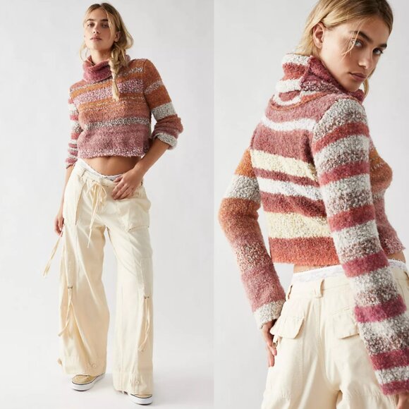 FREE PEOPLE My Girl Turtleneck Wool Blend Sweater Sunburst Combo Striped Boho - Picture 1 of 5